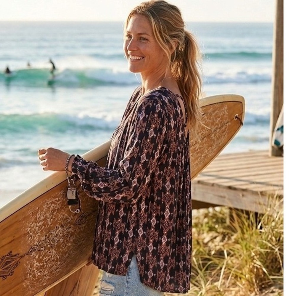 Billabong M Sweet Sand Boho Tribal Tunic Top‎ Medium Black Pink Boho Festival